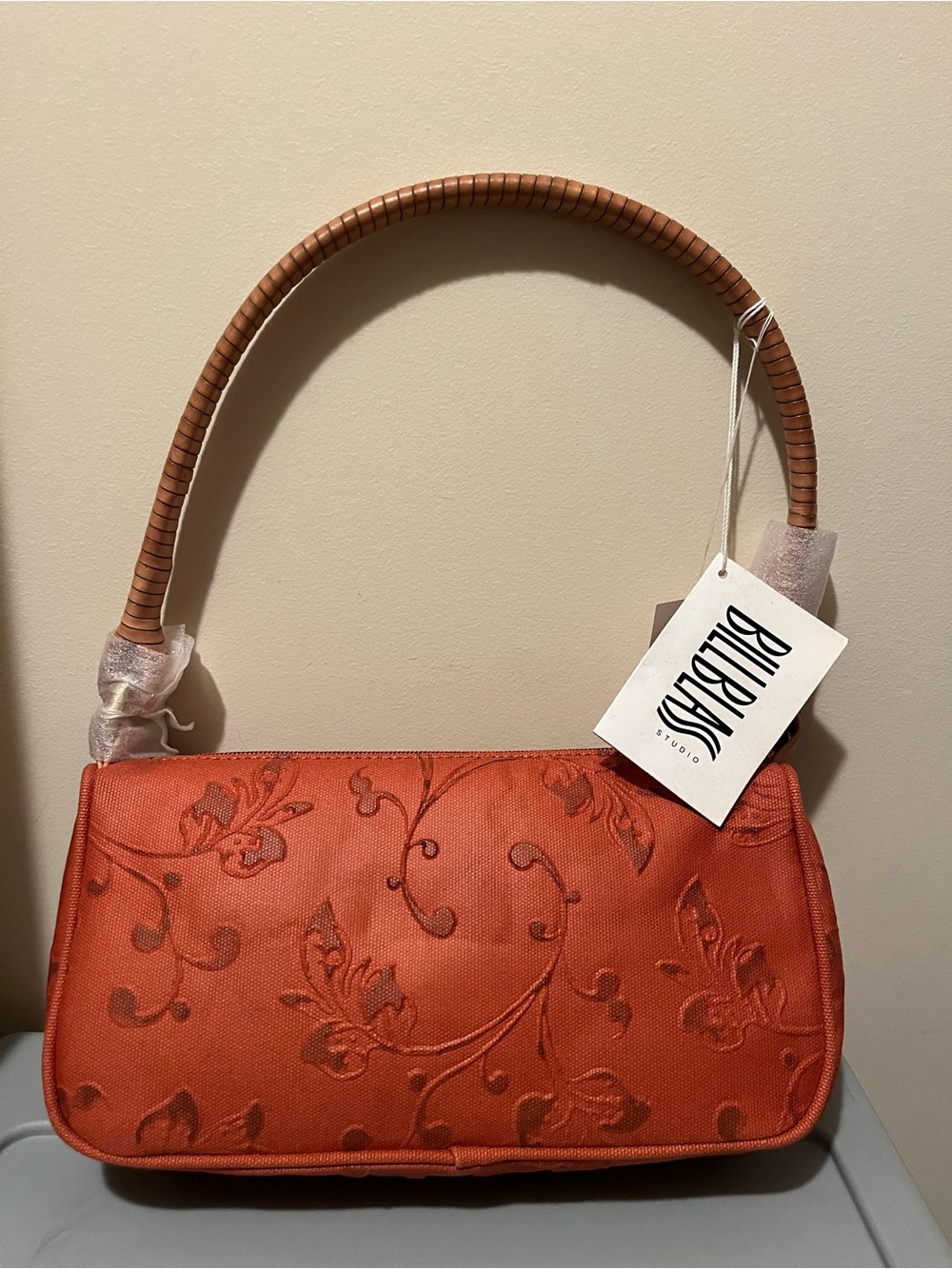 Bill Blass Orange Floral Embroidered Small Top Handle Handbag Purse Zip